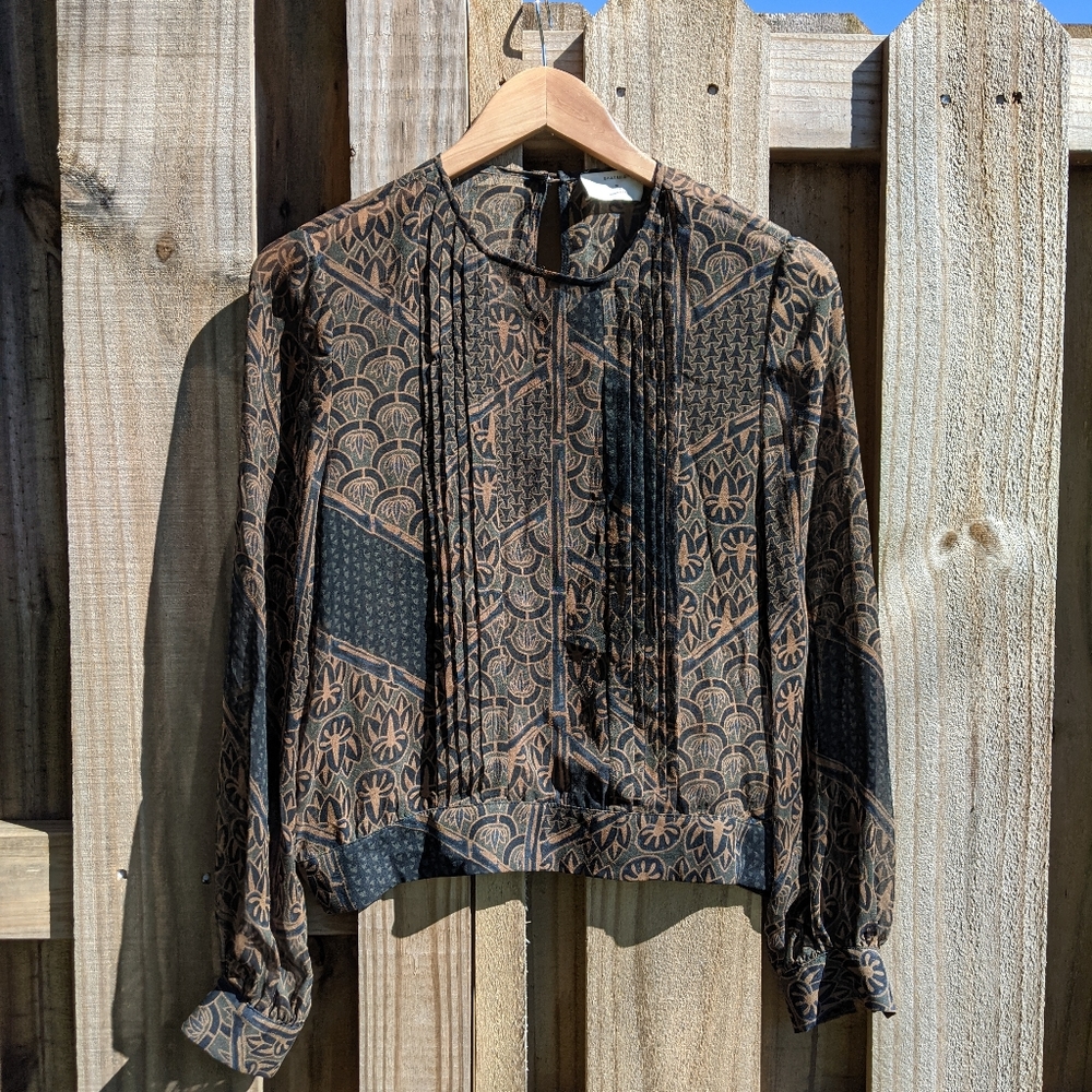 Billy Reid Black and Brown Printed Long-Sleeve Blouse